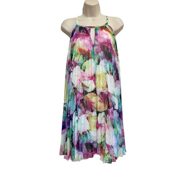 Maggy London Pleated Watercolor Chiffon Trapeze Halter Neck Dress Lined Sz 8 NWT - Picture 1 of 11